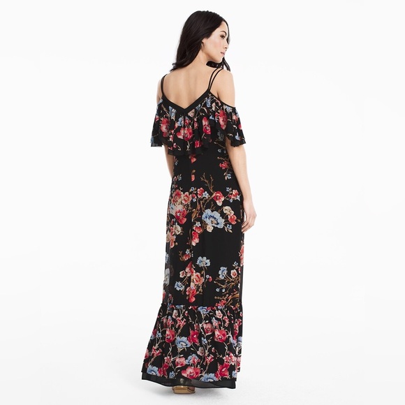 WHBM Black Red Blue Gold Floral Cold-Shoulder Metallic Embroidered Maxi Dress 6 - Picture 3 of 13
